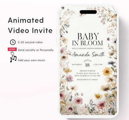 Boho Baby Shower Invitation, Boho Floral Baby Shower, Baby in bloom Baby Shower Invite, pampas Invitation, Boho Baby Invitation Animated-4