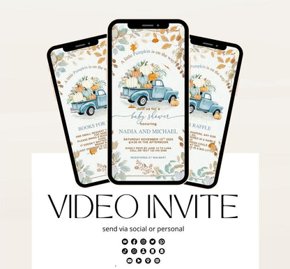 Video Fall Baby Shower Invitation Little Pumpkin Baby Shower Invitation Autumn Baby Shower Fall Hello Baby Shower pumpkin truck -5