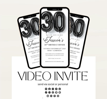 Animated 30th Evite Birthday for Adult Invite, Modern 30th Birthday Invite, Digital Animated Black balloons Digital 30th Birthday-2