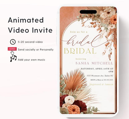 Video Bridal Shower Invitation Template, Pampas & Floral, Bridal shower fall, Boho, Arch, Palm Leaf, Rust, Burnt Orange, Terracotta-1