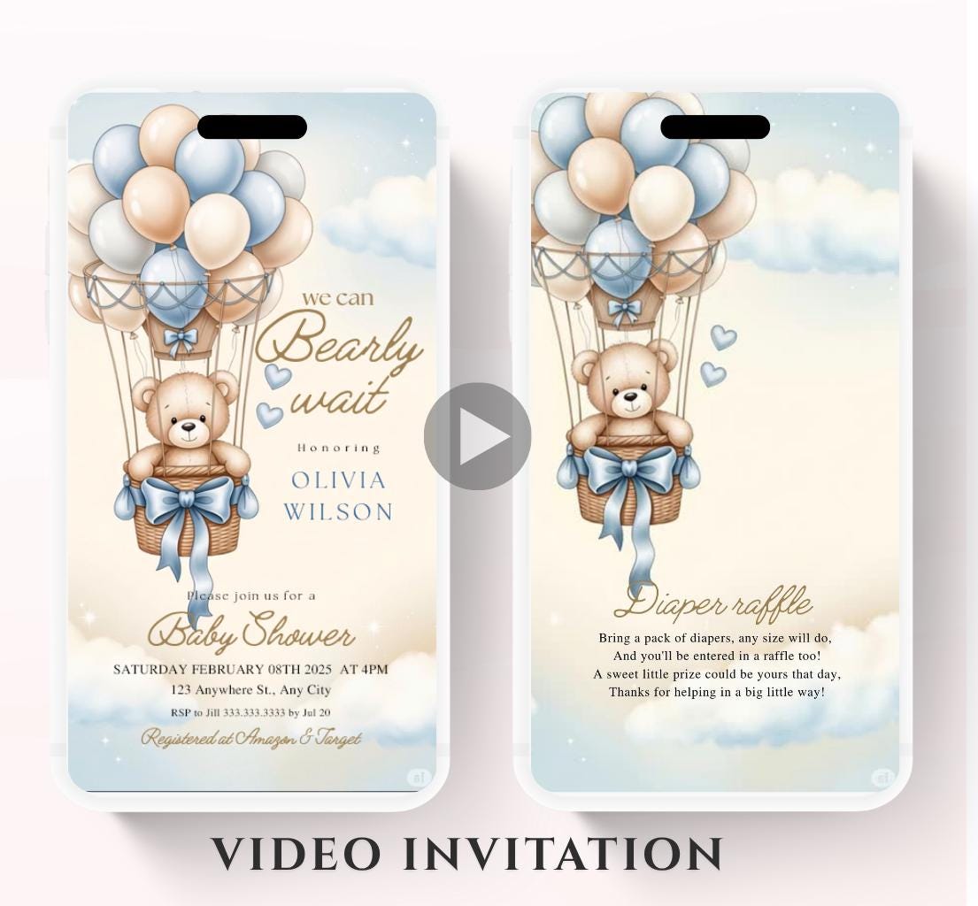 Video We Can Bearly Wait Baby Shower Invitation Teddy Bear Hot air Balloon Bear Theme Invites, Baby shower teddy bear invite animated-7
