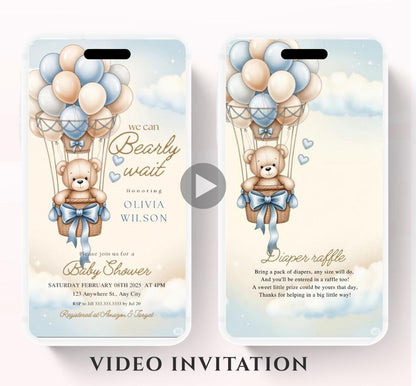 Video We Can Bearly Wait Baby Shower Invitation Teddy Bear Hot air Balloon Bear Theme Invites, Baby shower teddy bear invite animated-7