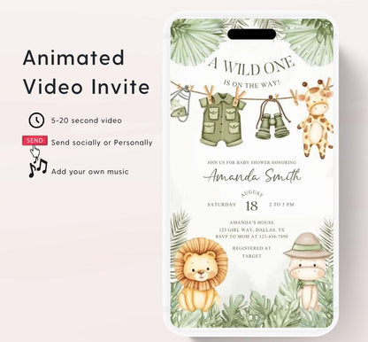 Safari Baby Shower Invitation, A little Wild One is on the Way Invite, Jungle Baby Shower Invitation, Zoo Animal Animated-4