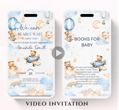 Flying Teddy Bear Baby Shower Invitation We Can Bearly Wait Invite balloon Teddy Bear Template Boy Animated video- 2