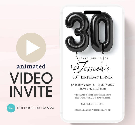 Animated 30th Evite Birthday for Adult Invite, Modern 30th Birthday Invite, Digital Animated Black balloons Digital 30th Birthday-2