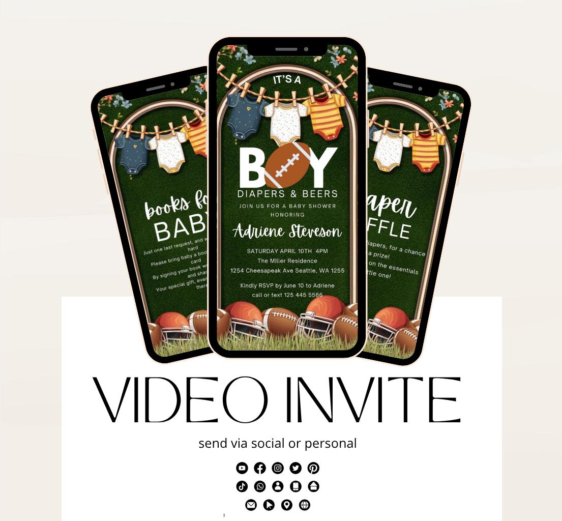 Animated Football Baby Shower Invitation Template, Tailgate DIY Oh Boy Baby Shower Invite, Touchdown Baby Shower, video invitation-1