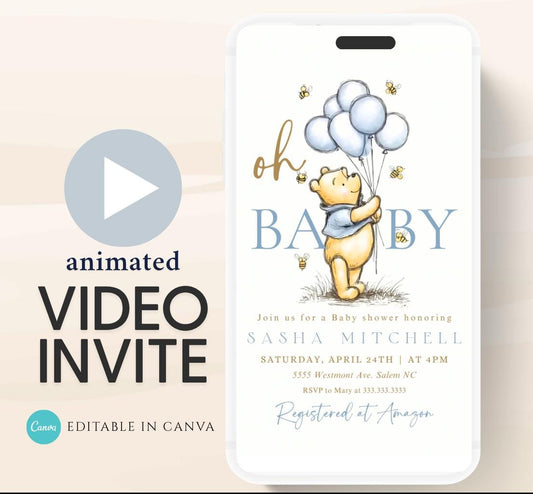 Winnie The Pooh Invitation, Boy Winnie The Pooh Baby Shower Invitations, Winnie The Pooh Invitations Video invitation, Winnie baby shower-7