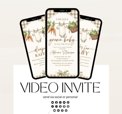 Locally Grown Baby Shower Invitation, Farmers Market Baby Shower Invite, Homegrown, Greenery baby shower video invitation-1