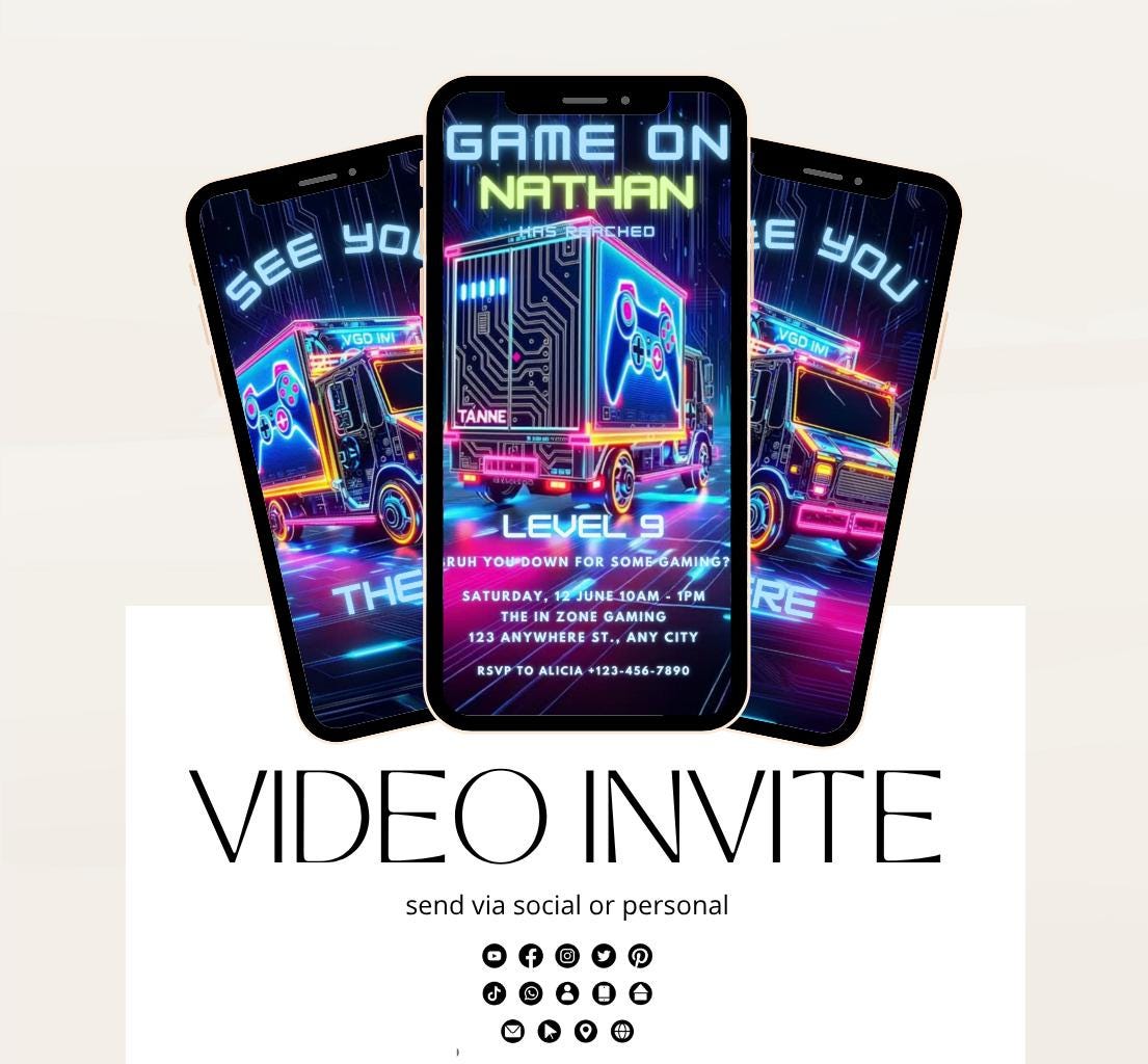 Video Game Party Invitation, Level Up Birthday Invite, Gamer Boy Birthday, Arcade Party, Gaming truck, Gamer boy party invite-3