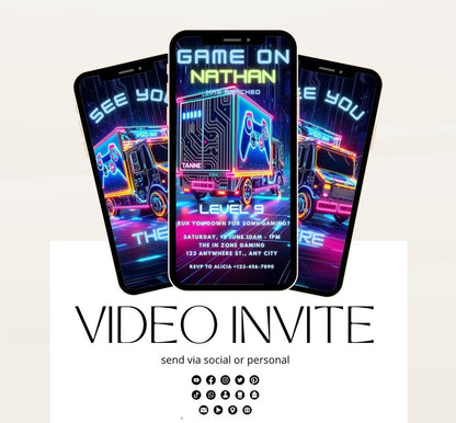 Video Game Party Invitation, Level Up Birthday Invite, Gamer Boy Birthday, Arcade Party, Gaming truck, Gamer boy party invite-3