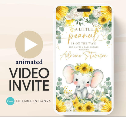 Video Sunflower Elephant Baby Shower Invitation, Summer Watercolor Floral sunflower baby shower invitaiton, Elephant baby invite-1