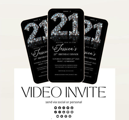 Animated 21st Evite Birthday for Adult Invite, Modern 21st Birthday Invite, Digital Animated Diamond Digital 21st Birthday-1