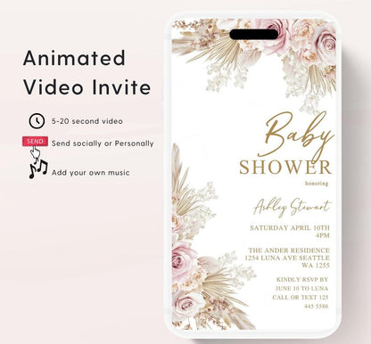 Boho Baby Shower Invitation, Boho Floral Baby Shower, Baby Girl Baby Shower Invite, pampas Invitation, Boho Baby Invitation Animated-1