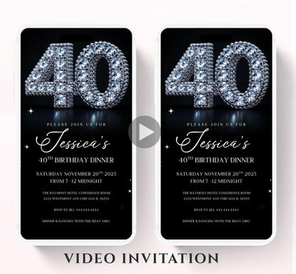 Animated 40th Evite Birthday for Adult Invite, Modern 40th Birthday Invite, Digital Animated Diamond Digital 40th Birthday-1