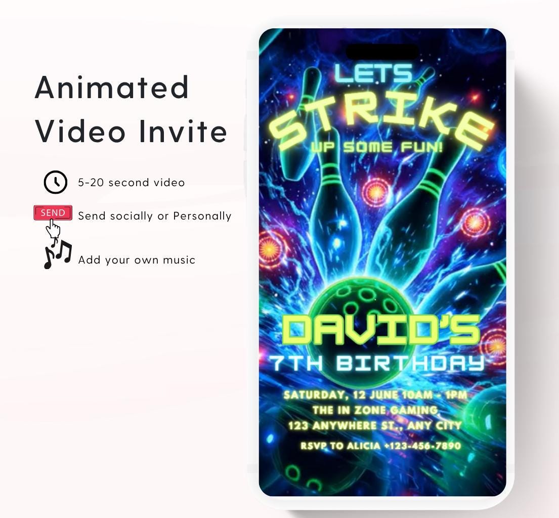 Video Bowling Birthday Invitation, Glow Bowling Invitation, Neon Bowling Party, Boy Bowling Invite, Glow Invite, Strike Up Some Fun-2
