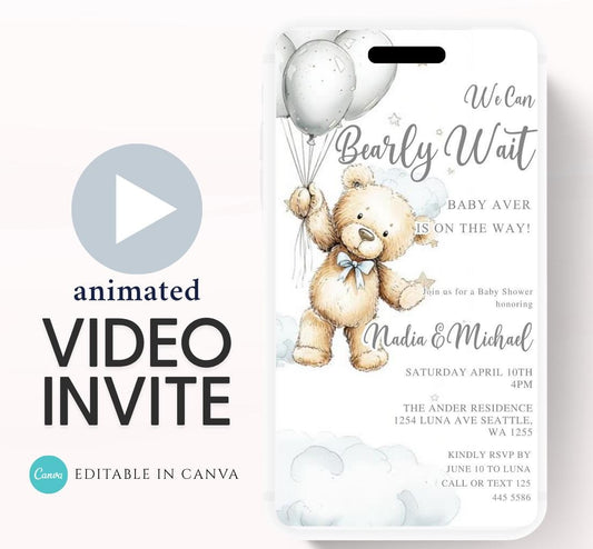 Teddy Bear Baby Shower Invitation We Can Bearly Wait Invite balloon Teddy Bear Template Boy Animated video- 1