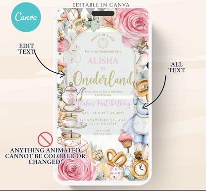 Video Wonderland birthday invitation, Alice in wonderland birthday invitation, Mad hatter first birthday, Wonderland first birthday invite-3