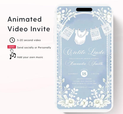 Video Cielito Lindo Baby Shower Invitation, Mexican Baby shower Editable Talavera Theme Papel Picado Invite. Dusty Blue template-2