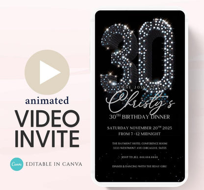 Animated 30th Evite Birthday for Adult Invite, Modern 30th Birthday Invite, Digital Animated Diamond Digital 30th Birthday-4