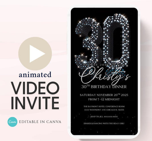 Animated 30th Evite Birthday for Adult Invite, Modern 30th Birthday Invite, Digital Animated Diamond Digital 30th Birthday-4