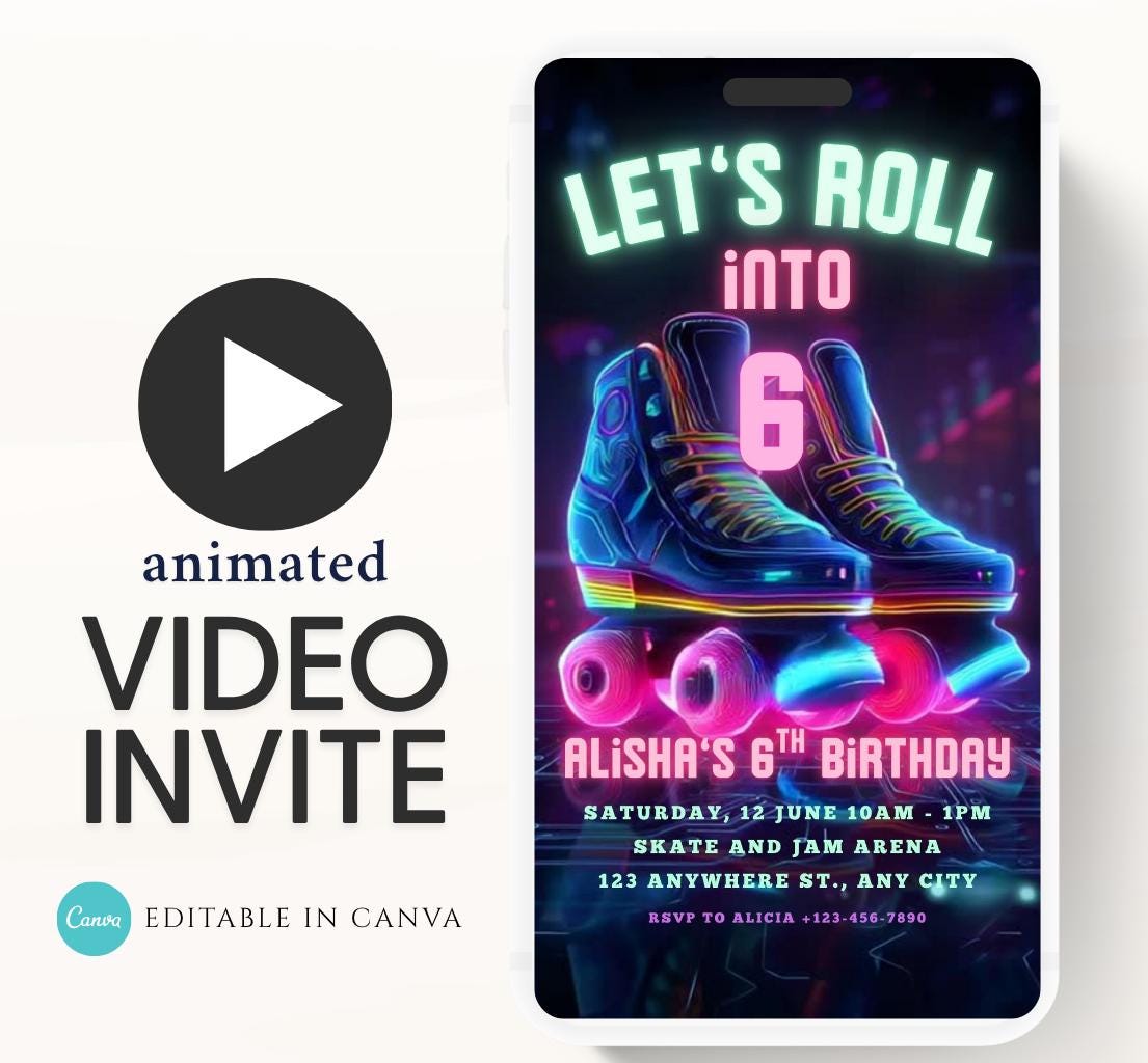 Roller Skating Birthday Invitation, Skate Party Birthday Invite, Roller Skating, Retro Neon Lights, Rollerblade Skate Rink Editable Video-2