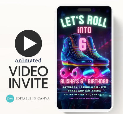 Roller Skating Birthday Invitation, Skate Party Birthday Invite, Roller Skating, Retro Neon Lights, Rollerblade Skate Rink Editable Video-2