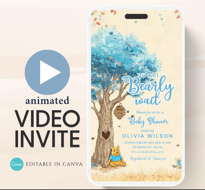 Blue Winnie shower Invitation, Winnie The Pooh Baby Shower Invitations, Winnie The Pooh Invitations Video invitation, Winnie baby shower-23