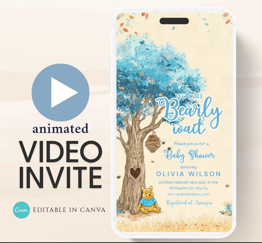 Blue Winnie shower Invitation, Winnie The Pooh Baby Shower Invitations, Winnie The Pooh Invitations Video invitation, Winnie baby shower-23