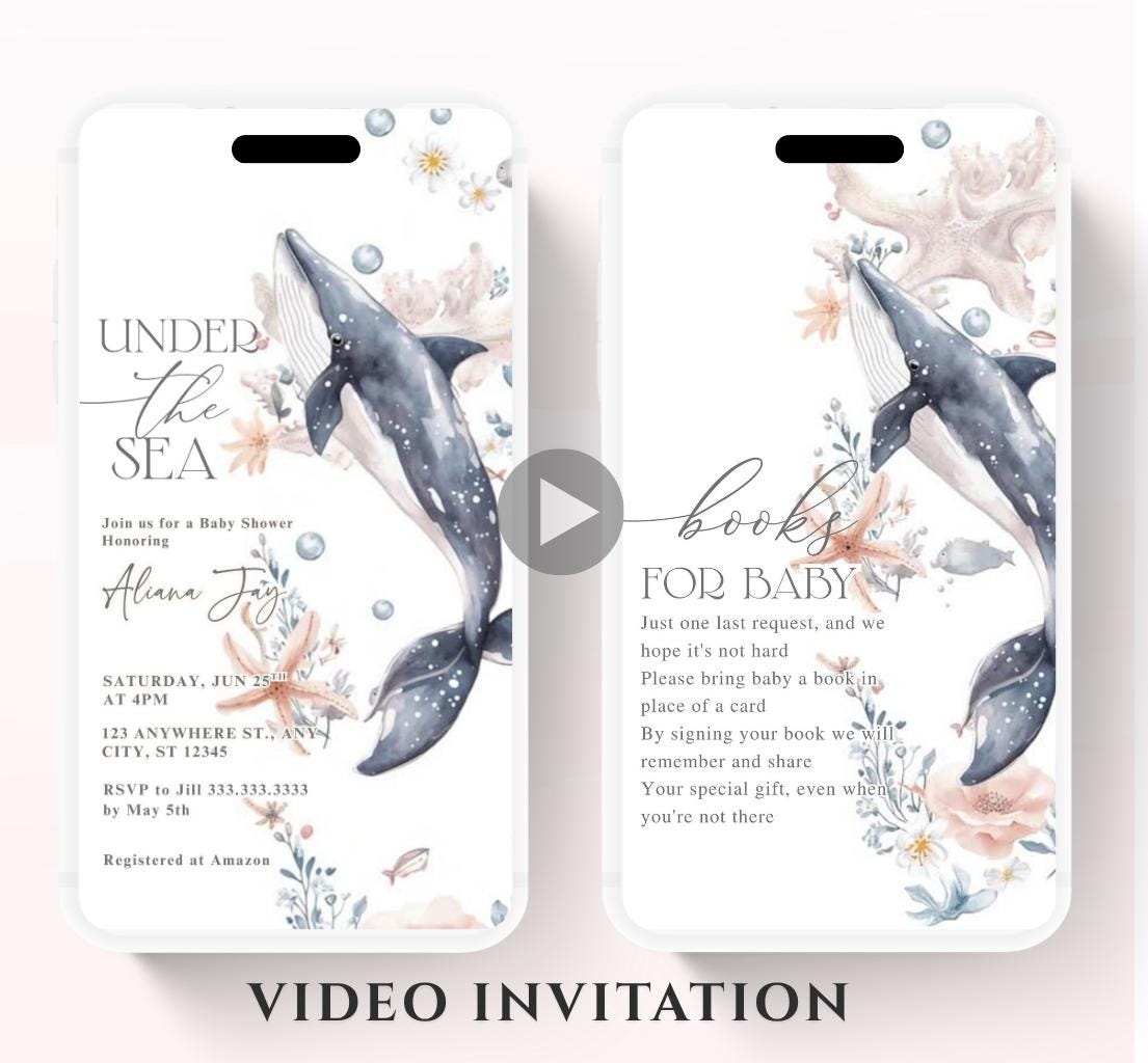 Video Under The Sea Baby Shower Invitation Bundle, Whale Nautical Baby Shower Invite Set, Sea Creatures Ocean Baby Shower Invite-1