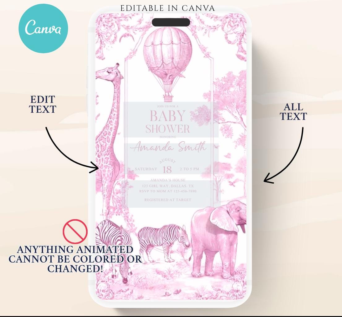 Pink Toile de jouy Safari Baby Shower Invitation, Safari Animal Baby girl Shower Digital Video Toile de Jouy Baby Shower Invite Safari-2
