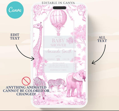 Pink Toile de jouy Safari Baby Shower Invitation, Safari Animal Baby girl Shower Digital Video Toile de Jouy Baby Shower Invite Safari-2