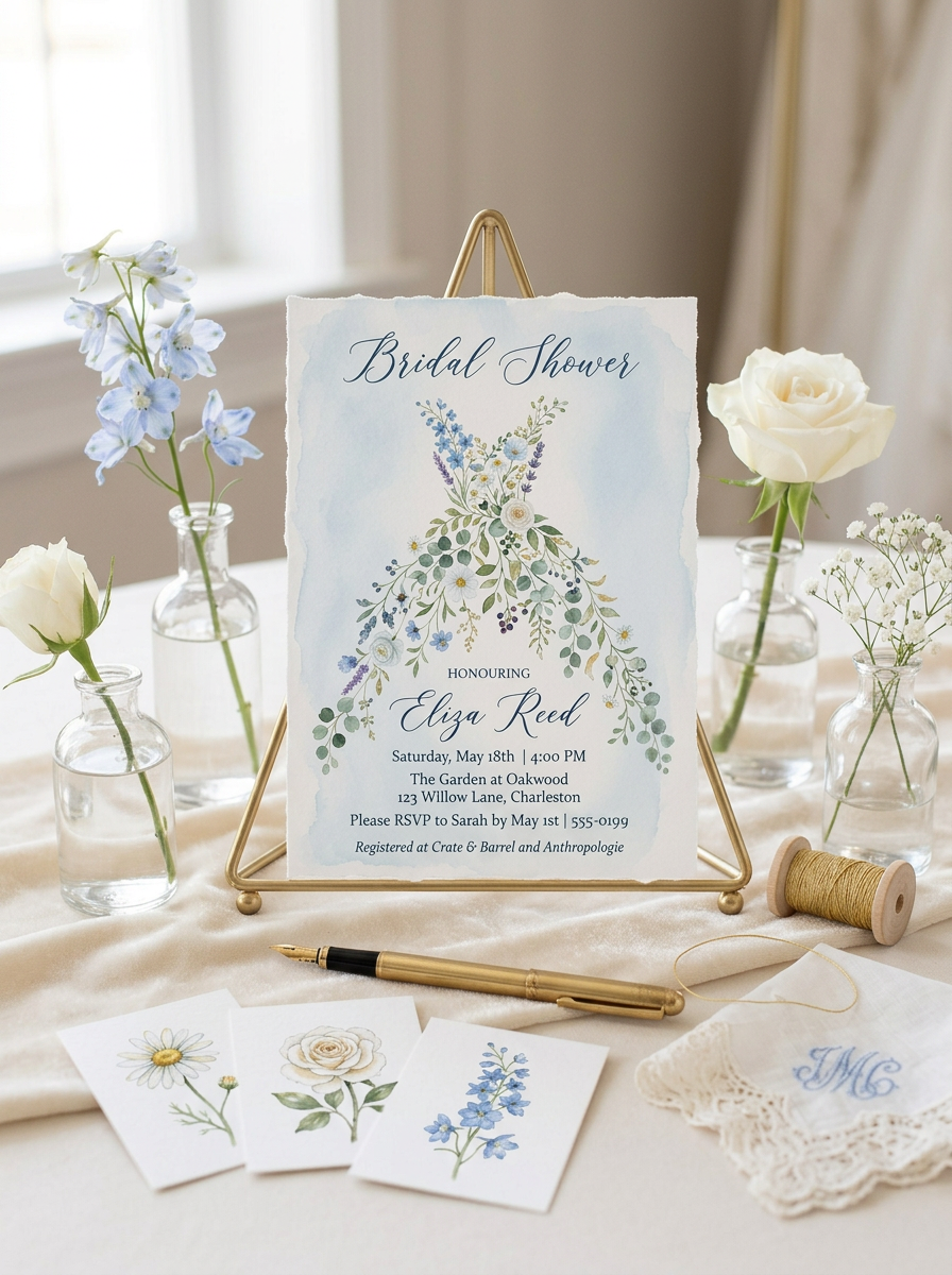 Wildflower Bridal shower invitation, Boho Floral Dress Invitation Dusty Blue