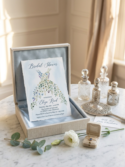 Wildflower Bridal shower invitation, Boho Floral Dress Invitation Dusty Blue
