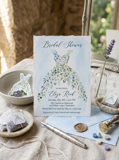 Wildflower Bridal shower invitation, Boho Floral Dress Invitation Dusty Blue