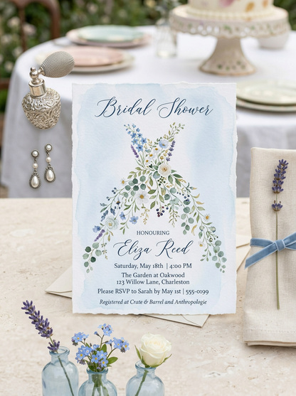 Wildflower Bridal shower invitation, Boho Floral Dress Invitation Dusty Blue