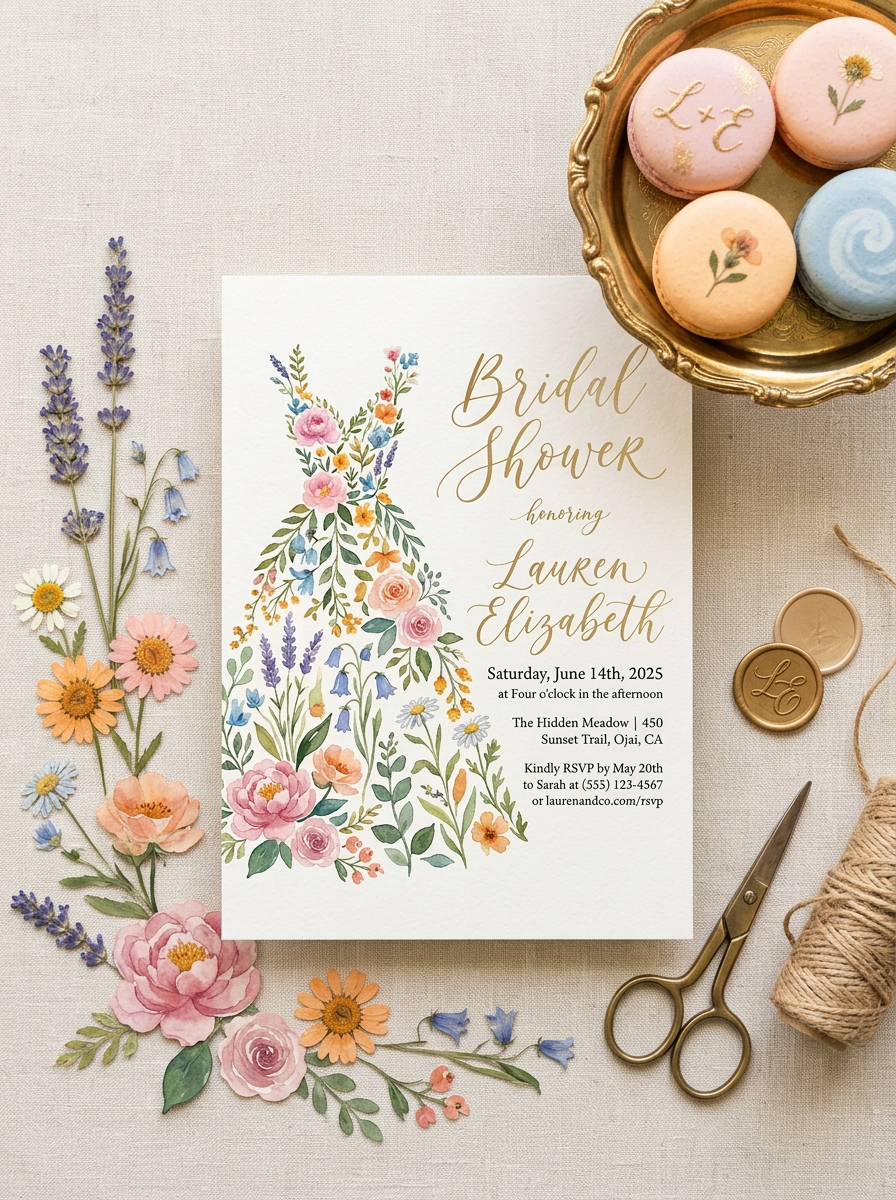 Wildflower Bridal shower invitation, Boho Floral Dress Invitation-4