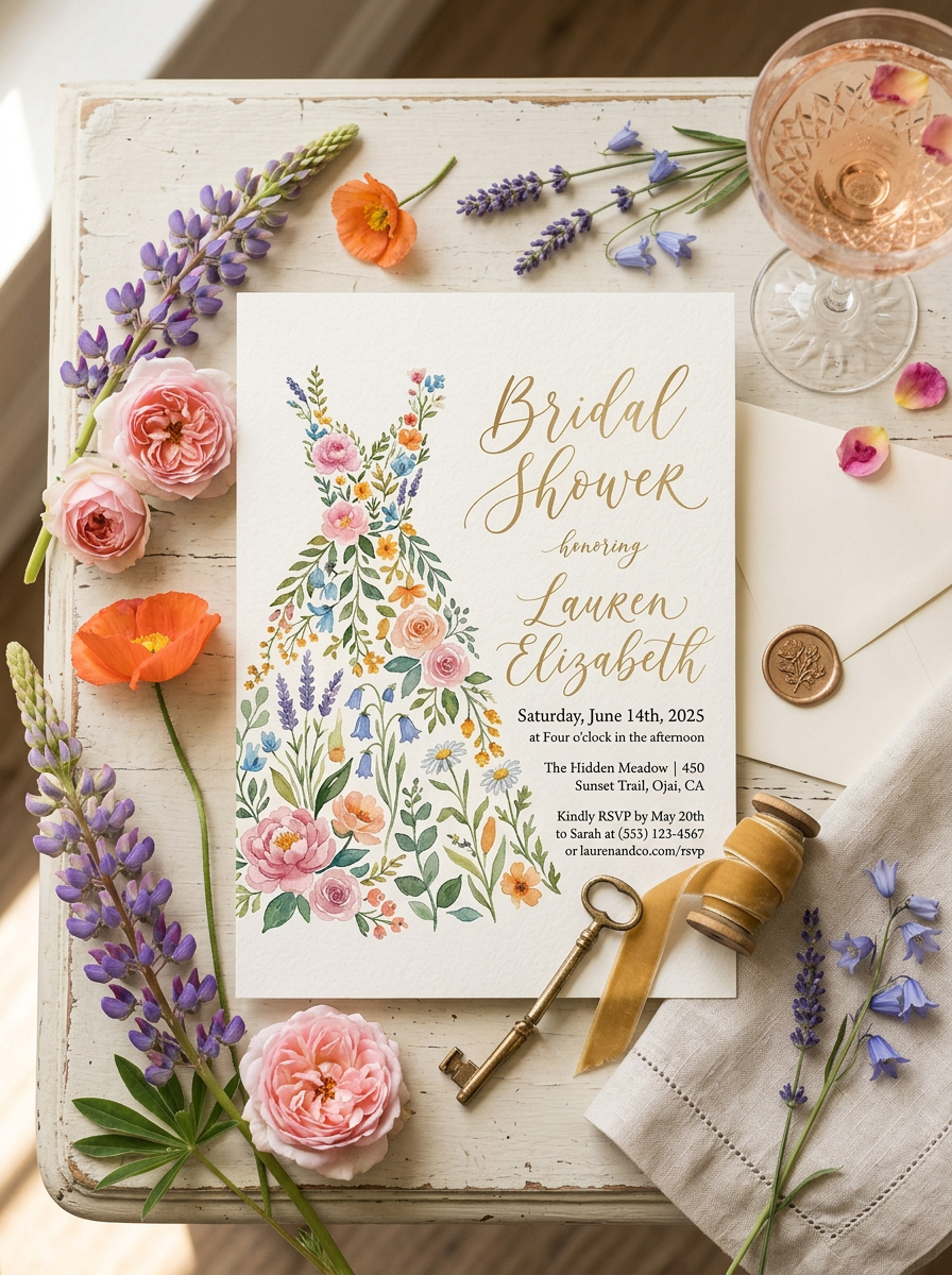 Wildflower Bridal shower invitation, Boho Floral Dress Invitation-4