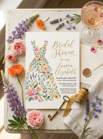 Wildflower Bridal shower invitation, Boho Floral Dress Invitation-4