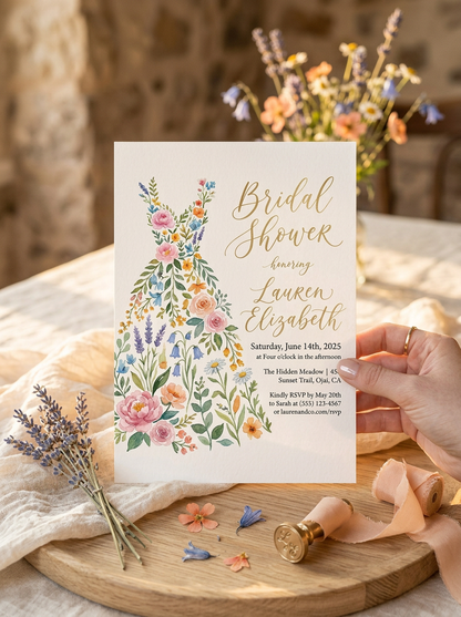 Wildflower Bridal shower invitation, Boho Floral Dress Invitation-4
