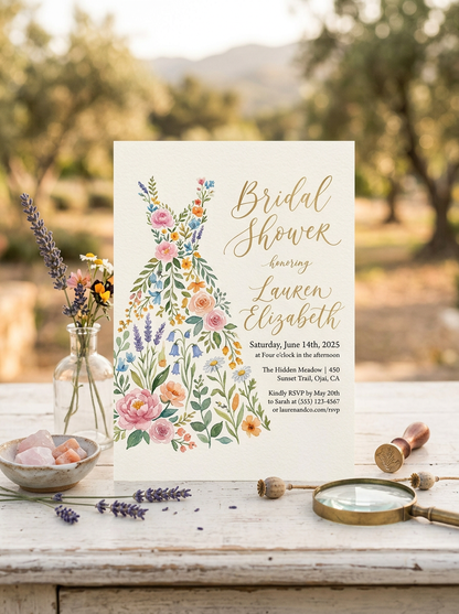 Wildflower Bridal shower invitation, Boho Floral Dress Invitation-4