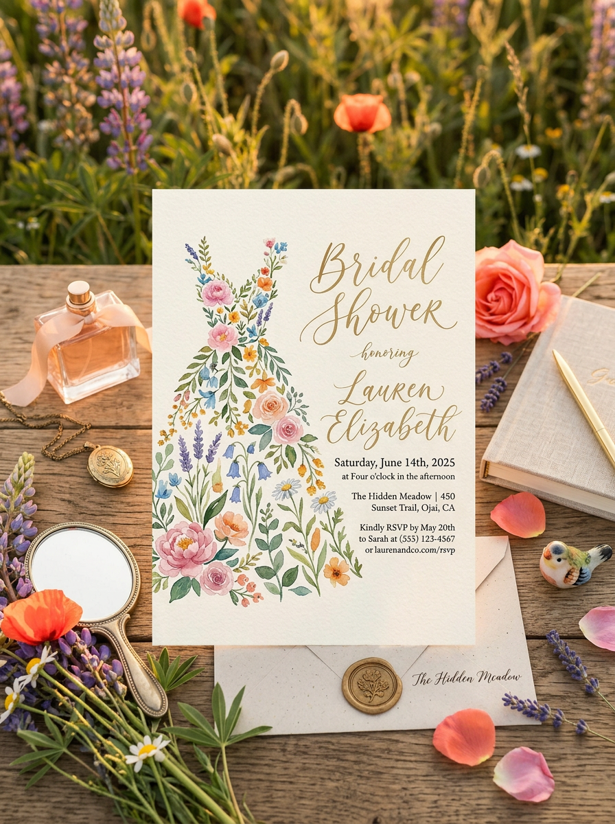 Wildflower Bridal shower invitation, Boho Floral Dress Invitation-4