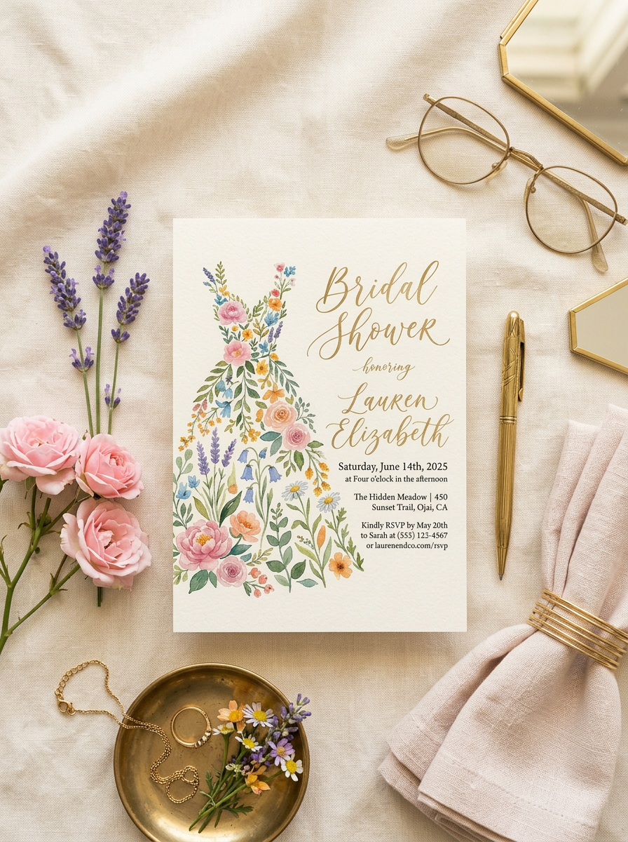 Wildflower Bridal shower invitation, Boho Floral Dress Invitation-4