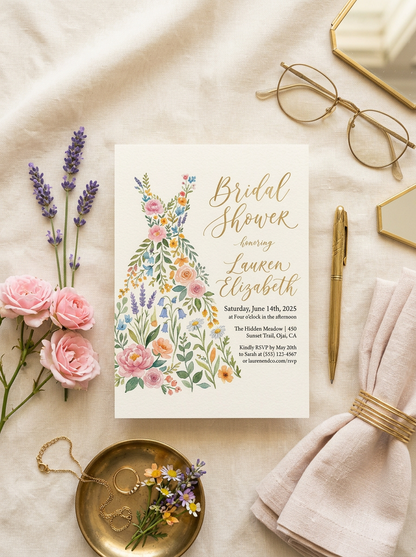 Wildflower Bridal shower invitation, Boho Floral Dress Invitation-4
