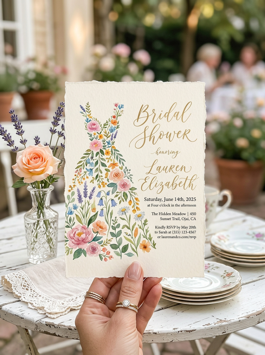 Wildflower Bridal shower invitation, Boho Floral Dress Invitation-4