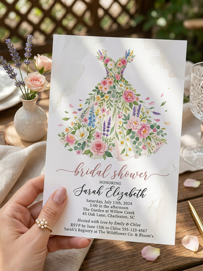 Wildflower Bridal shower invitation, Boho Floral Dress Invitation-5