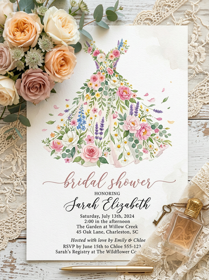 Wildflower Bridal shower invitation, Boho Floral Dress Invitation-5