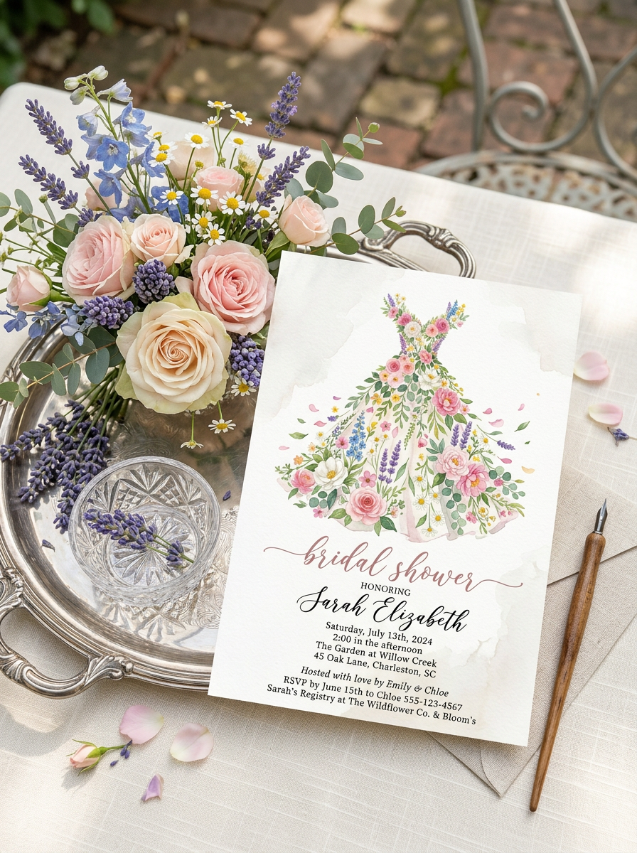 Wildflower Bridal shower invitation, Boho Floral Dress Invitation-5
