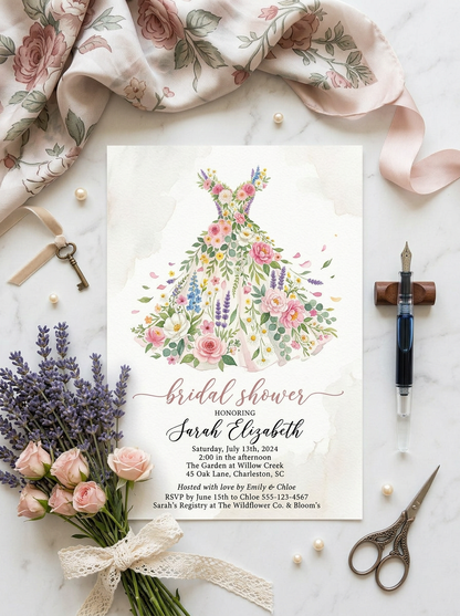 Wildflower Bridal shower invitation, Boho Floral Dress Invitation-5