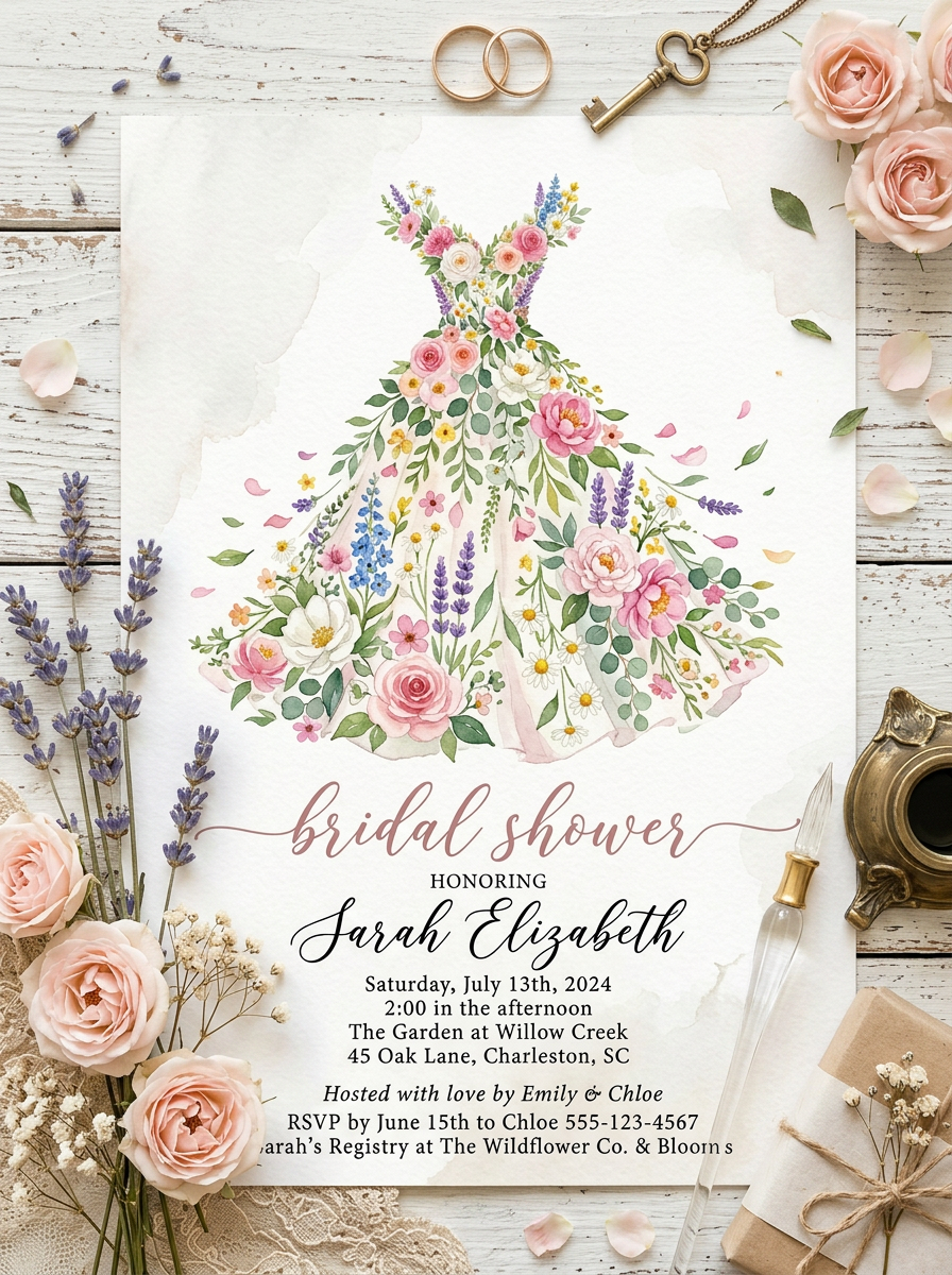 Wildflower Bridal shower invitation, Boho Floral Dress Invitation-5
