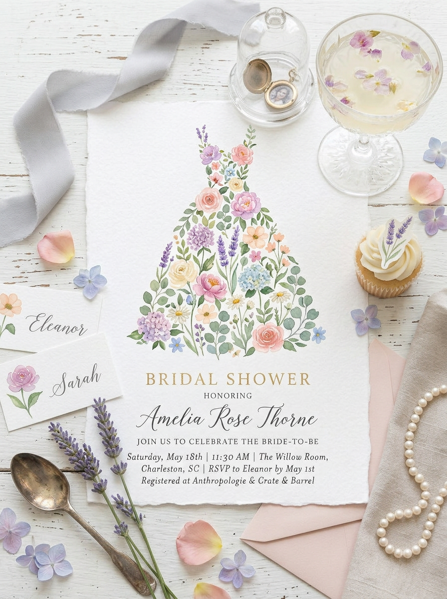 Wildflower Bridal shower invitation, Boho Floral Dress Invitation-1